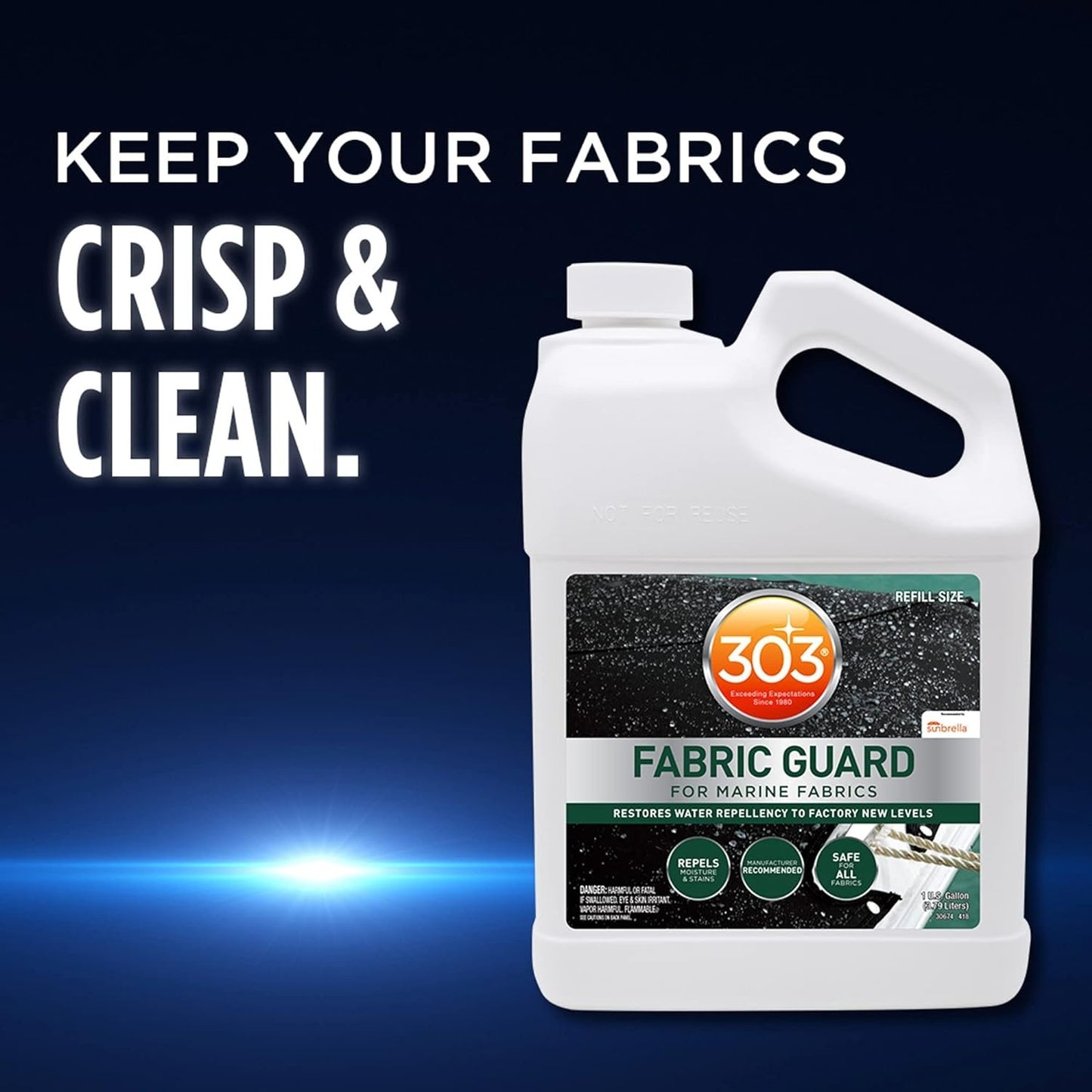303 Marine Fabric Guard - Restores Water and Stain Repellency To Factory New Levels, Simple and Easy To Use, Manufacturer Recommended, Safe For All Fabrics, 1 Gallon (30674), white
