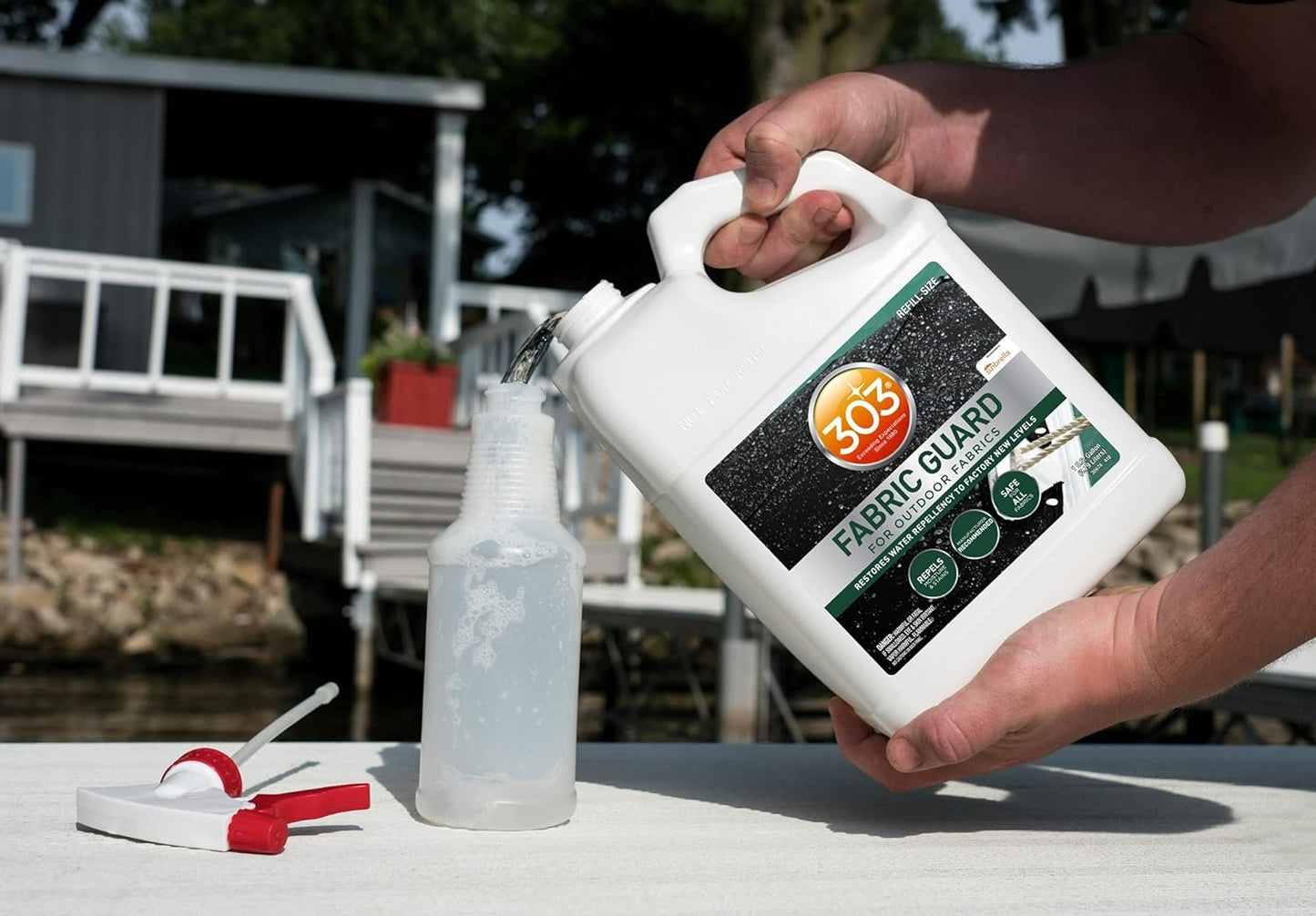 303 Marine Fabric Guard - Restores Water and Stain Repellency To Factory New Levels, Simple and Easy To Use, Manufacturer Recommended, Safe For All Fabrics, 1 Gallon (30674), white
