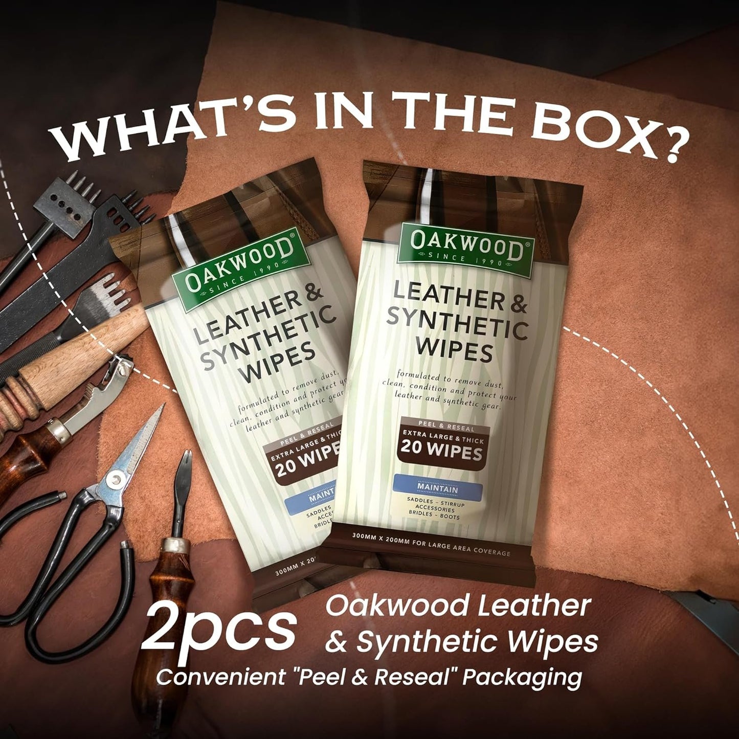 Oakwood Leather & Synthetic Wipes - XL Leather Care Cleaner Wipe to Clean & Condition Furniture, Car Seat, Couch, Sports Gear, Saddles, Tack, Riding Boots - Leather Cleaning Wipes (1 Pack (20 Wipes))