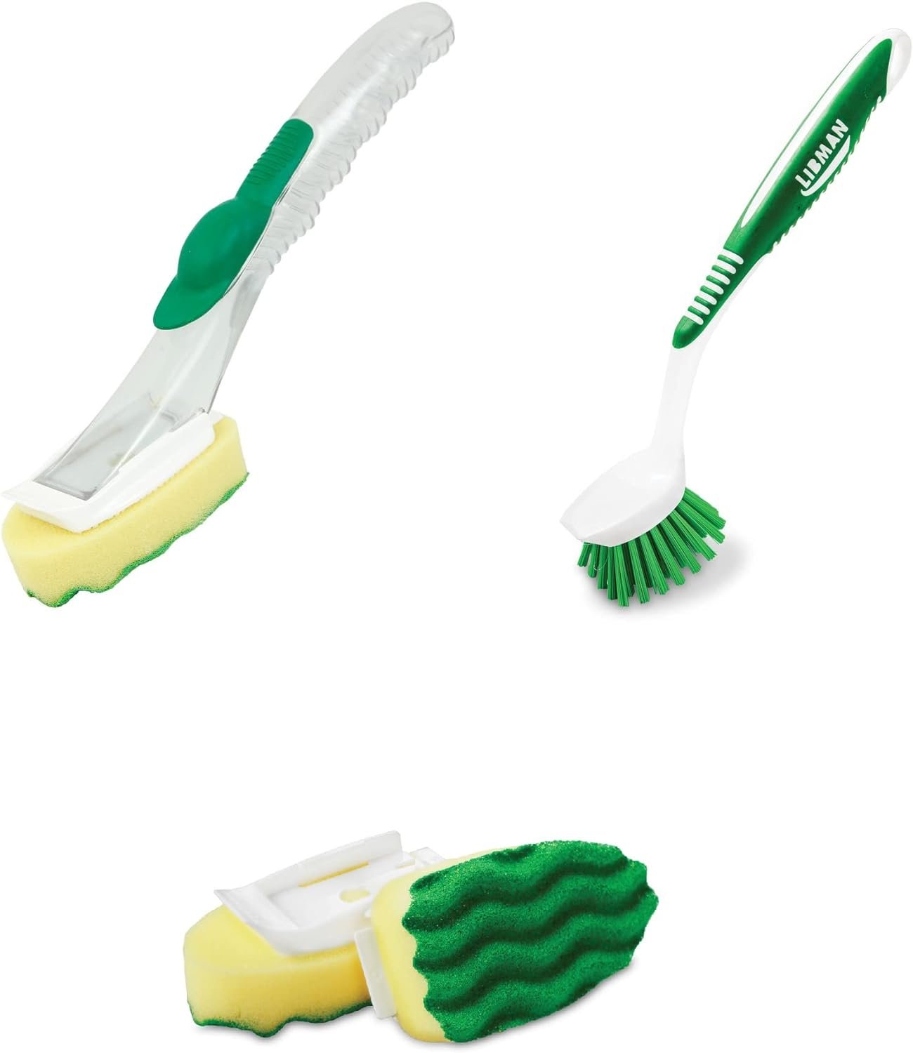 Libman Dish Wand & Curved Kitchen Brush Bundle - Dishwashing Cleaner Scrubber & Non Scratch Dishwand Scrub Sponge with Scouring Sponges Refills - All Purpose Household Cleaning Supplies