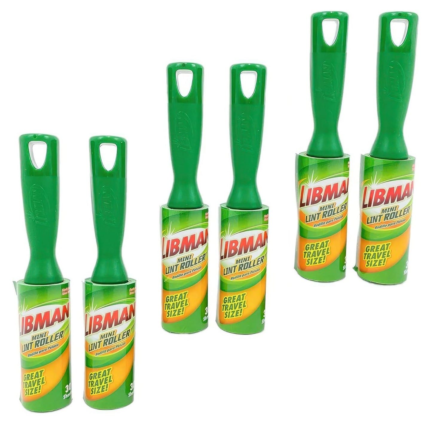 Libman Mini Lint Roller Set -Travel Sticky Lint Removing Tool for Pet Hair, Dust, Small Crumbs - 6.5" Portable Lint Rollers- 6 Pack (180 Sheets)