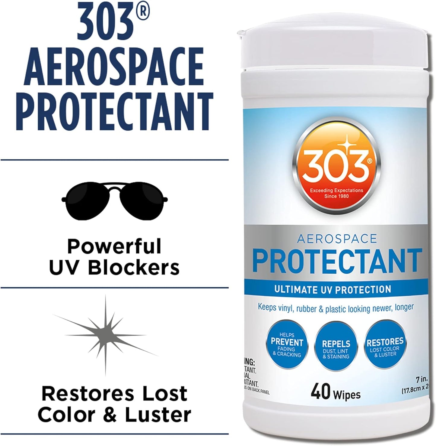 303 Products Aerospace Protectant Wipes – UV Protection – Repels Dust, Dirt, & Staining – Smooth Matte Finish – Restores Like-New Appearance – 40 Count