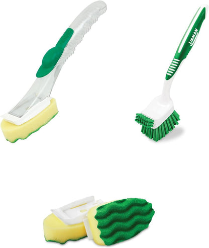 Libman Dish Wand & Curved Kitchen Brush Bundle - Dishwashing Cleaner Scrubber & Non Scratch Dishwand Scrub Sponge with Scouring Sponges Refills - All Purpose Household Cleaning Supplies
