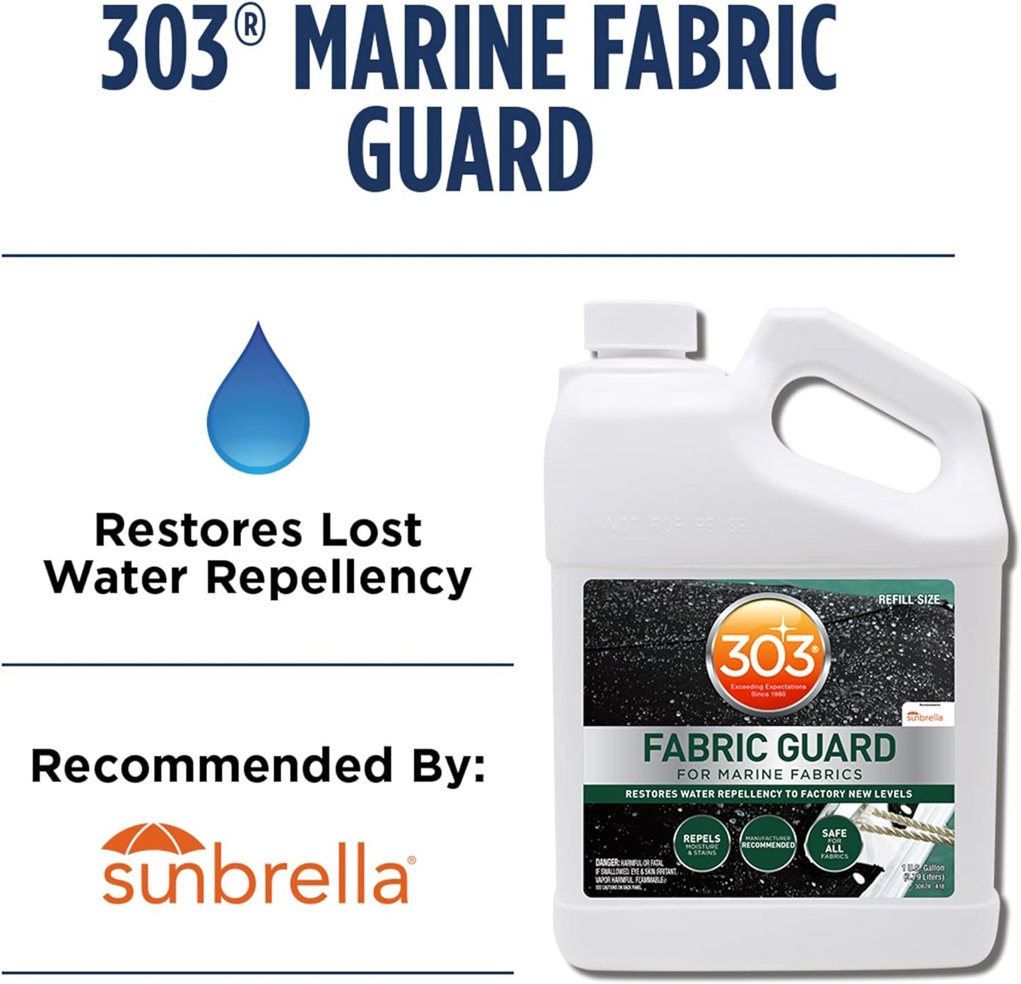 303 Marine Fabric Guard - Restores Water and Stain Repellency To Factory New Levels, Simple and Easy To Use, Manufacturer Recommended, Safe For All Fabrics, 1 Gallon (30674), white