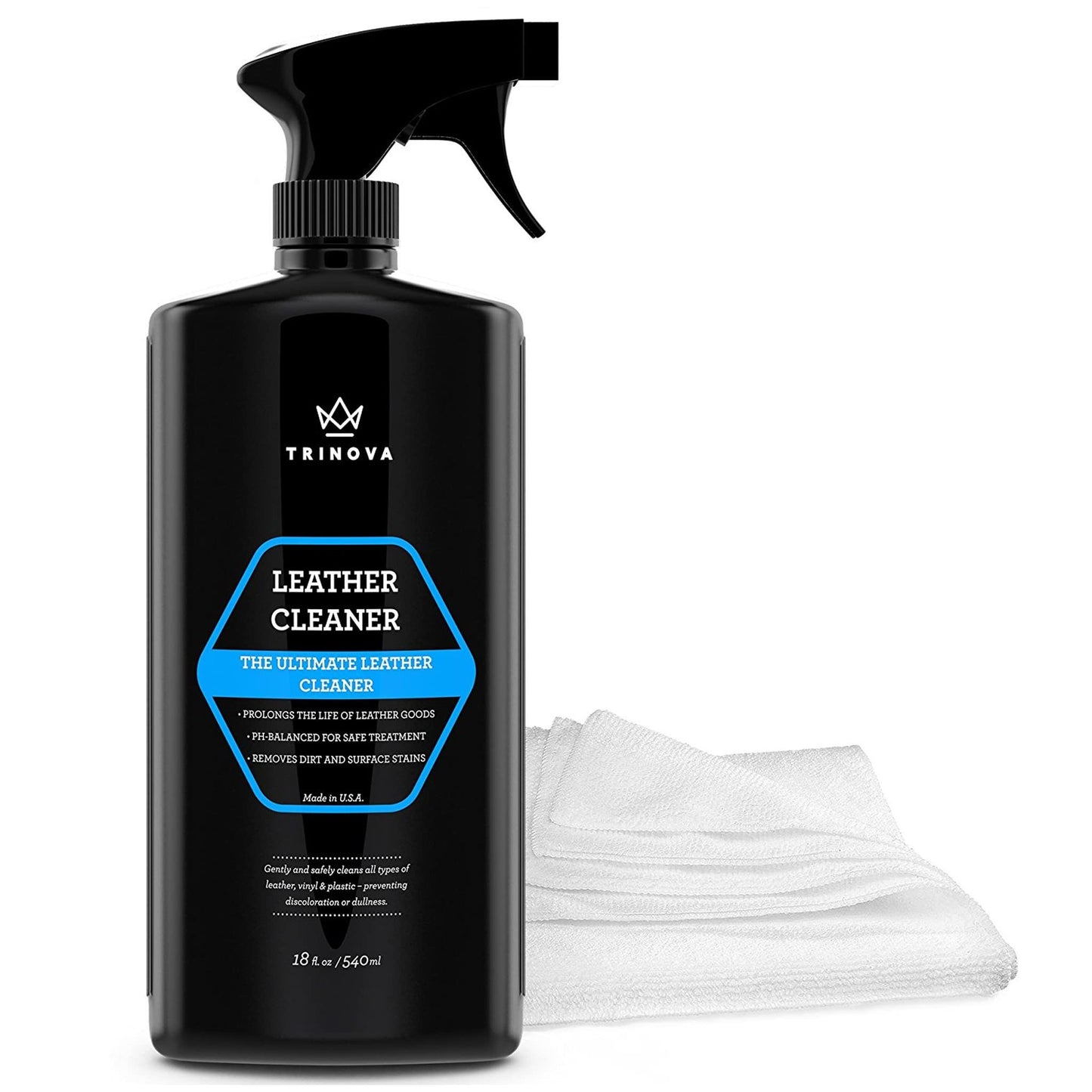 TriNova Leather Cleaner for Couch, Car Interior, Bags, Jackets, Saddles. Safe for use in Home or Car, Microfiber Included