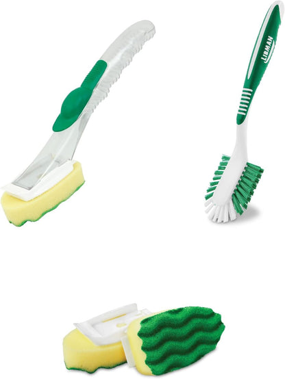 Libman Dish Wand & Curved Kitchen Brush Bundle - Dishwashing Cleaner Scrubber & Non Scratch Dishwand Scrub Sponge with Scouring Sponges Refills - All Purpose Household Cleaning Supplies