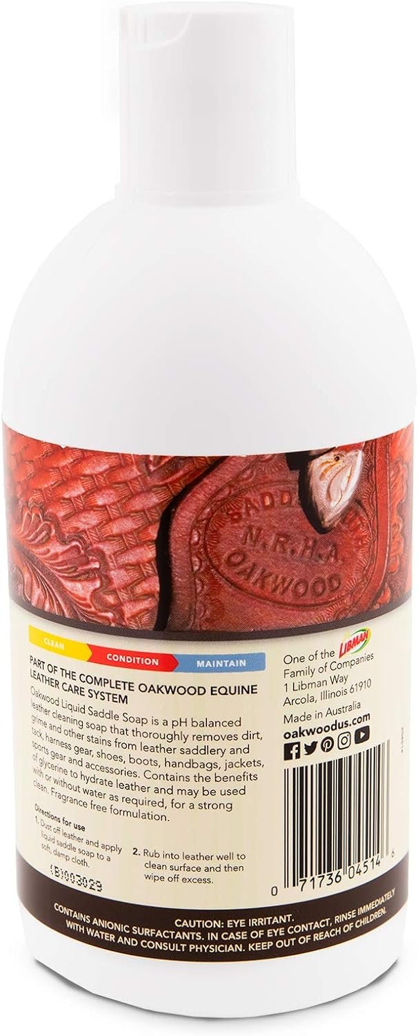 Oakwood Liquid Saddle Soap (16.9 fl oz) – Remove Dirt, Grime, Grease & Other Stains from Your Leather Gear. Heavy Duty Cleaner Removes Even The Toughest Stains for a Deep Yet Gentle Clean. Full Case.