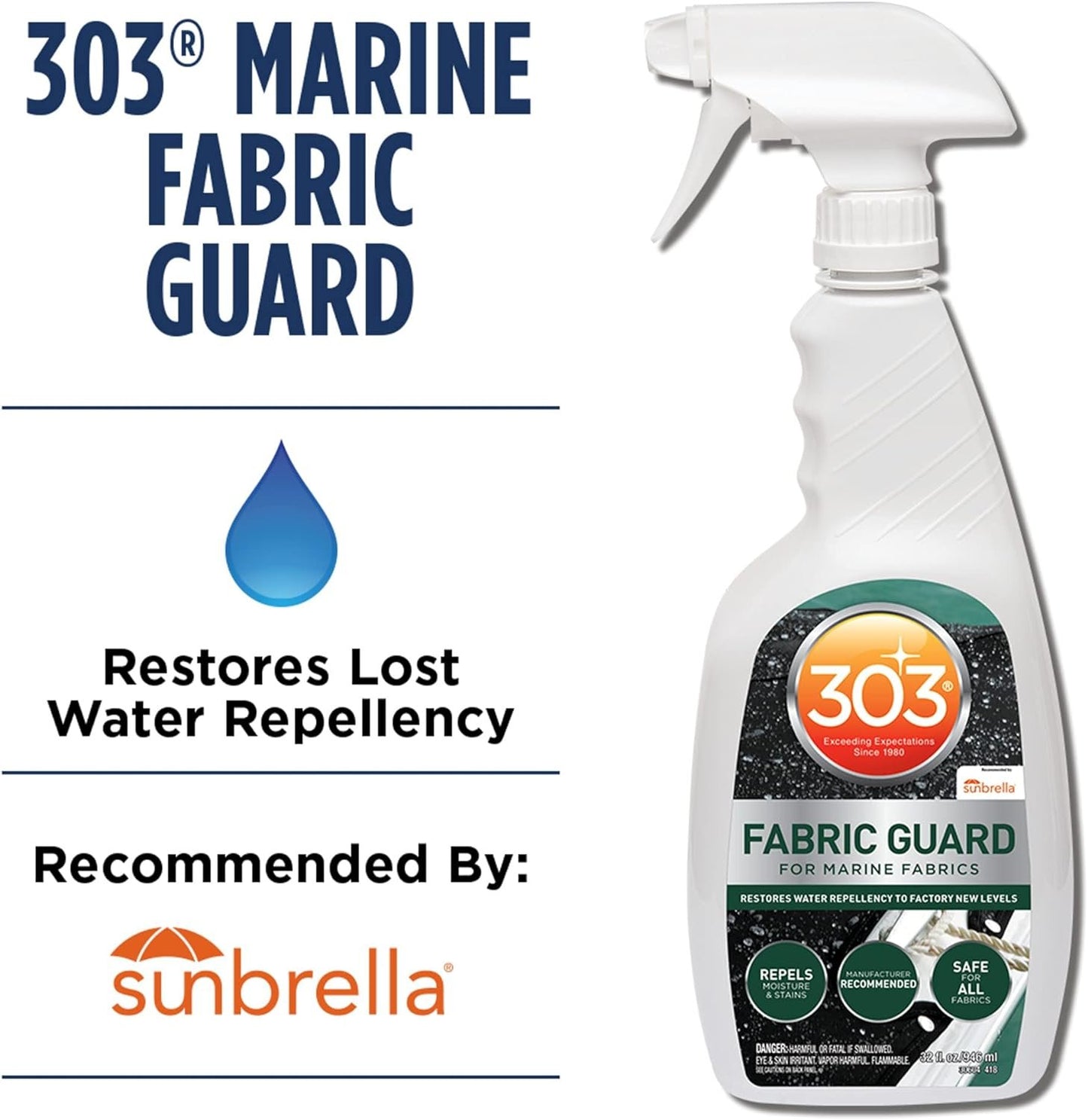 303 Products Marine Fabric Guard - Restores Water and Stain Repellency To Factory New Levels, Simple and Easy To Use, Manufacturer Recommended, Safe For All Fabrics, 32oz (30604CSR) Packaging May Vary