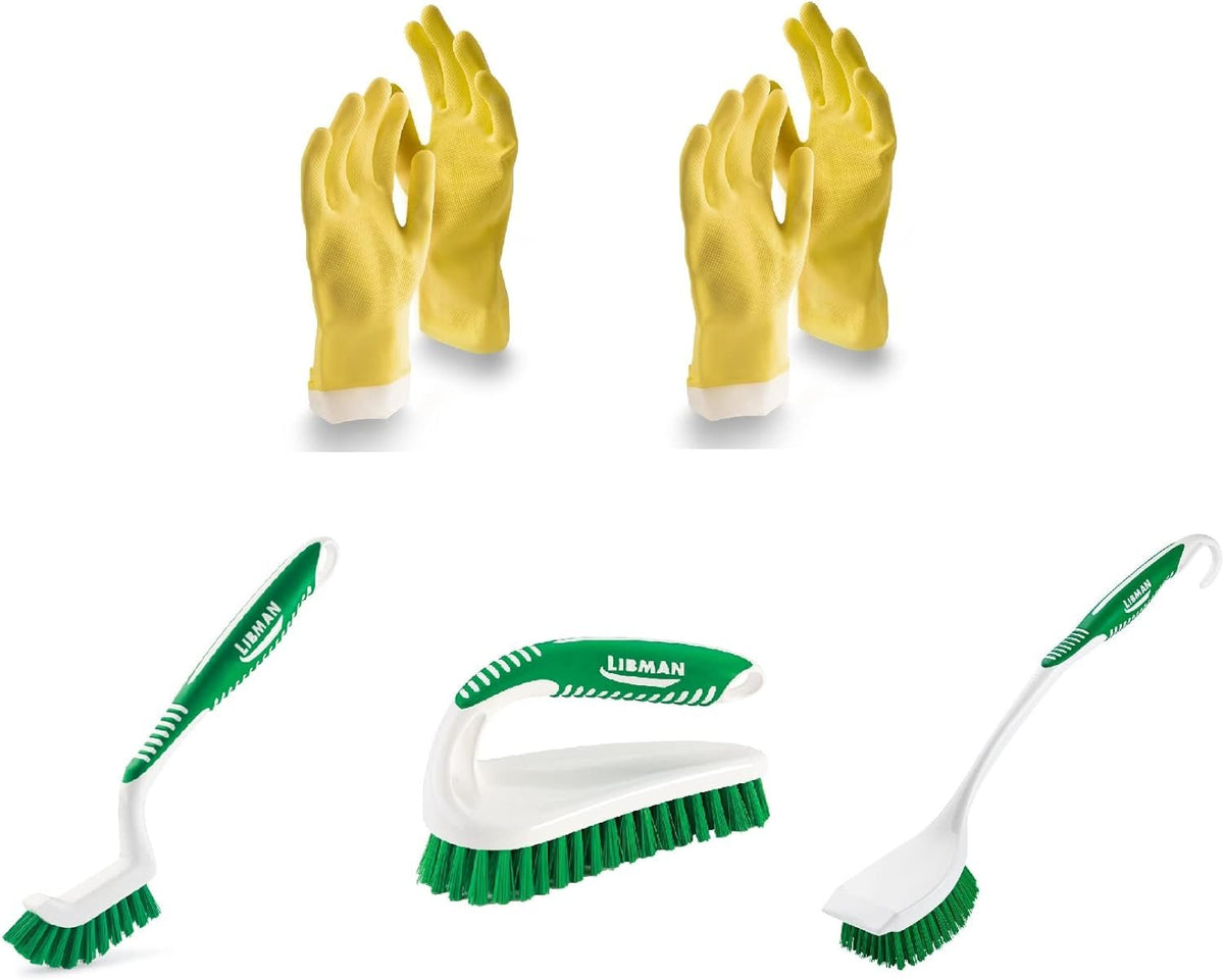 Myriad Bundles Libman All-Purpose Reusable Latex Gloves (Two Pairs) - With Grout, Power, and Long Handled Scrub Brushes