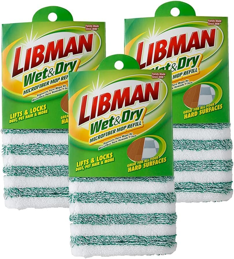 Libman Wet & Dry Microfiber Mop Refills | Dust Mop for Hardwood Floors | Wall Mop | Mops for Floor Cleaning | 3 Total Microfiber Mop Pads Included 10.5 in. x 6.5 in.