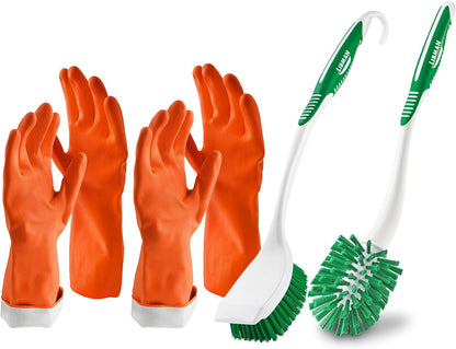 Libman Reusable Protective Latex Gloves with Angled Toilet Cleaner Bowl Scrubber & Long Handled Bathroom Scrub