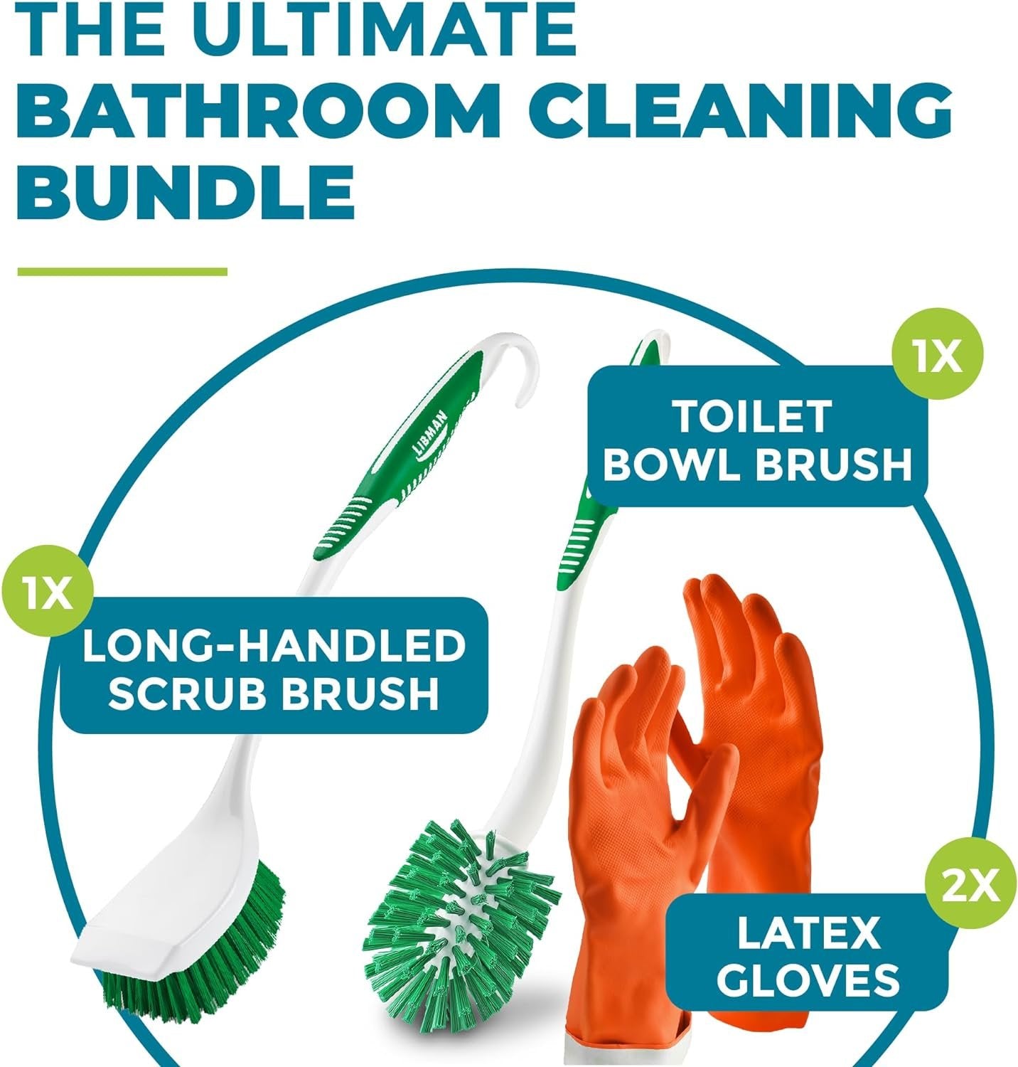 Libman Reusable Protective Latex Gloves with Angled Toilet Cleaner Bowl Scrubber & Long Handled Bathroom Scrub